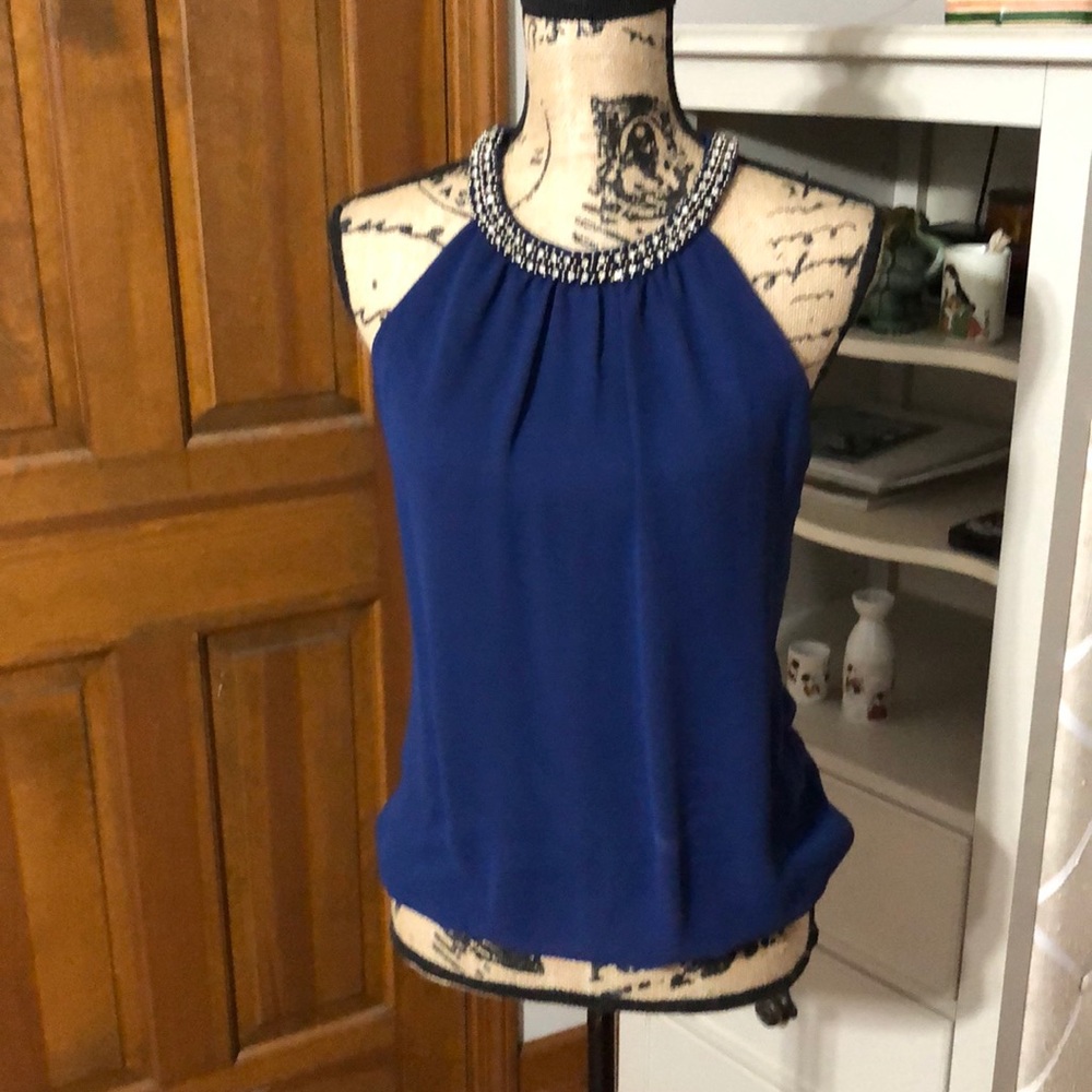 Dark blue Sleeveless gem embellished neck line